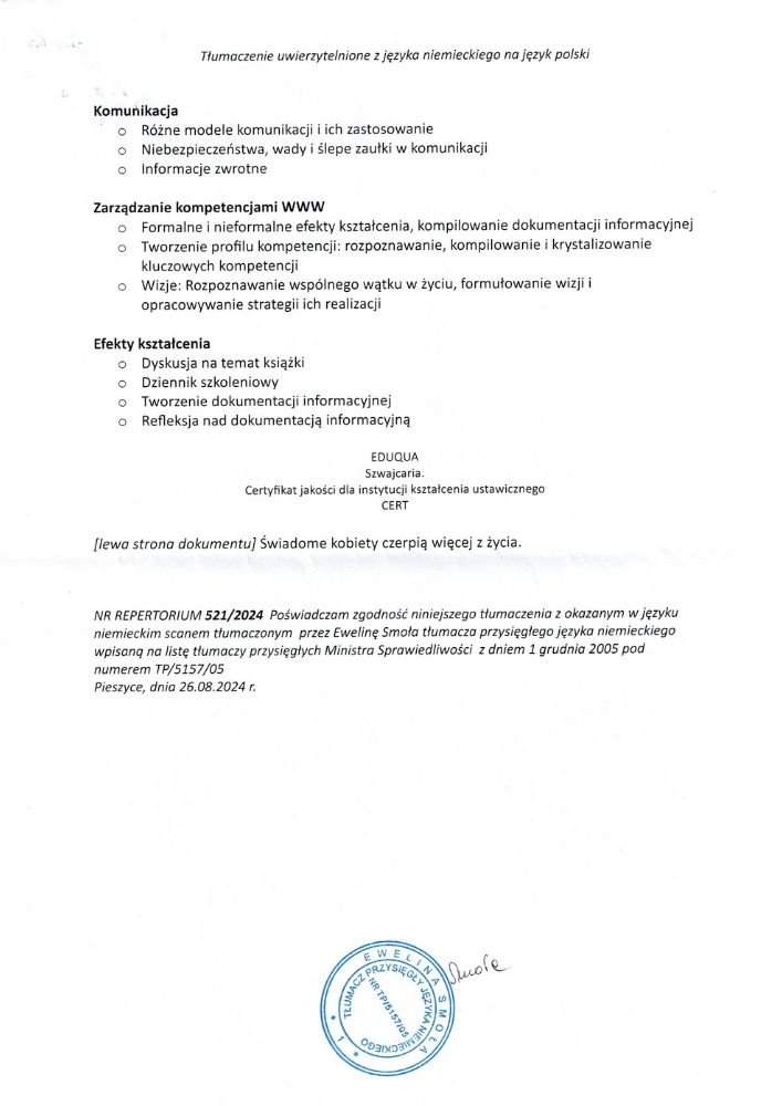 Beata Kulak Regresja Niehipnotyczna Terapia Reinkarnacyjna Dyplom Podstawy dialogu psychologicznego II