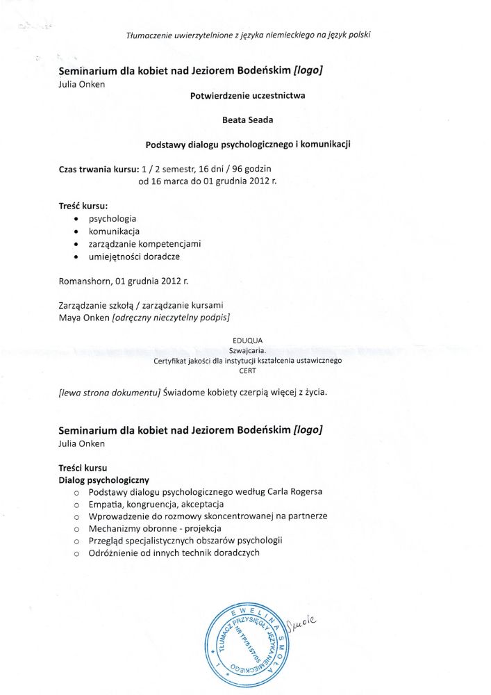 Beata Kulak Regresja Niehipnotyczna Terapia Reinkarnacyjna Dyplom Podstawy dialogu psychologicznego