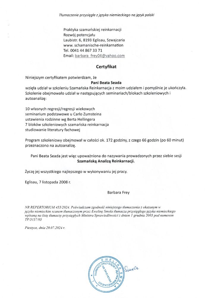 Beata Kulak Regresja Niehipnotyczna Terapia Reinkarnacyjna Dyplom Praktyka Szamańskiej Reinkarnacji
