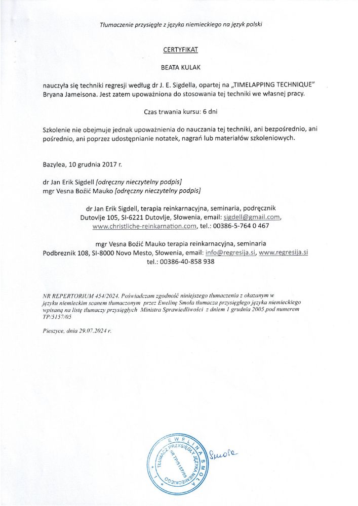 Beata Kulak Regresja Niehipnotyczna Terapia Reinkarnacyjna Dyplom Timelapping Technique